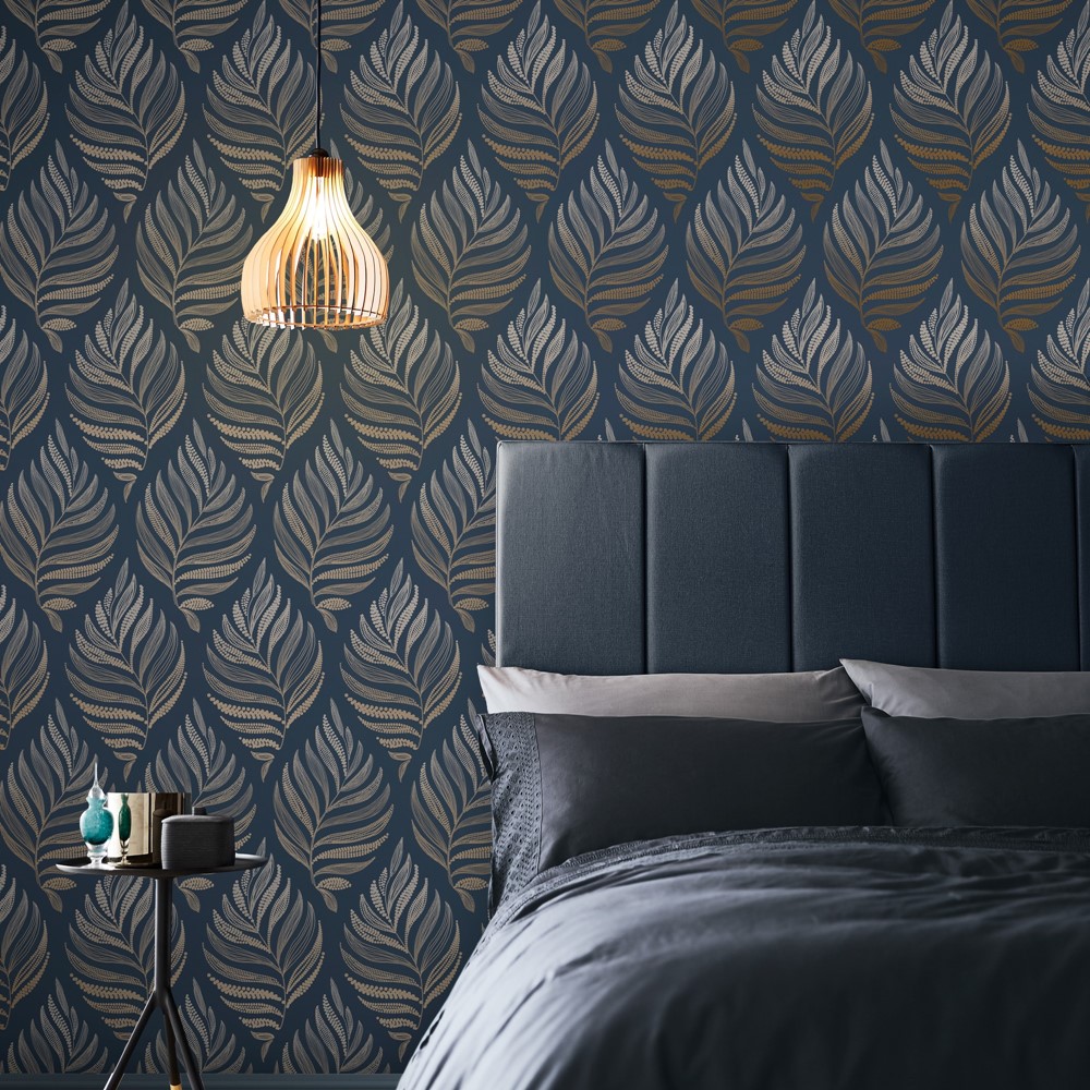 Botanica Midnight Wallpaper 105454 by Graham & Brown in Blue Metallic